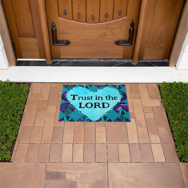 Paillasson Trust In The Lord Fish Leaves Purple Teal Grey (De plein air)