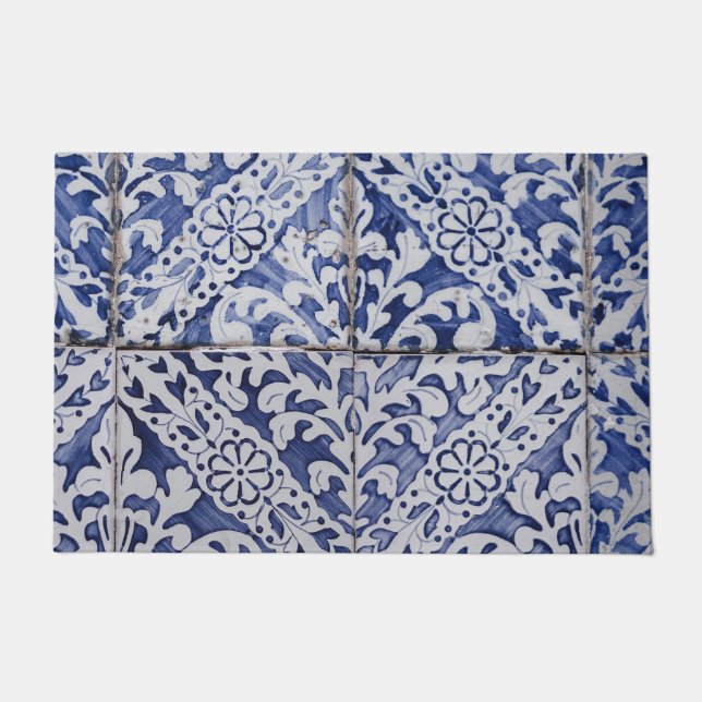 Paillasson Tuiles portugaises - Azulejo Floral bleu et blanc (Devant)
