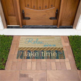 Paillasson Turquoise Brown Bois Look Faux Burlap Motif