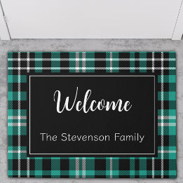 Paillasson Turquoise Plaid Welcome Monogramme Nom de famille