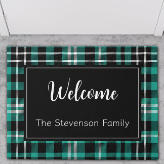 Paillasson Turquoise Plaid Welcome Monogramme Nom de famille