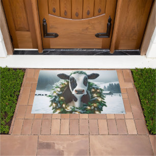 Paillasson Vache Holstein portant une couronne de Noël
