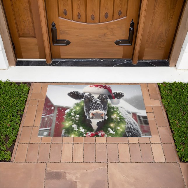 Paillasson Vache Holstein portant une couronne de Noël (De plein air)