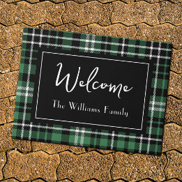 Paillasson Vert Plaid Bienvenue Monogramme Nom de famille Doo