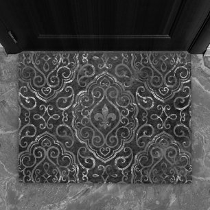 Paillasson Vintage Fleur de Lis Black Silver Grunge Damask