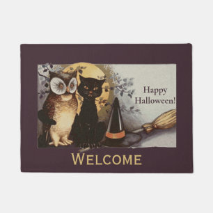 Paillasson Vintage Halloween Chat noir et hibou sorcière Casq