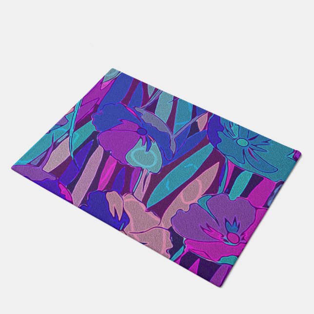 Paillasson Vivid Bleu foncé violet Fleurs de minuit Art (Incliné)