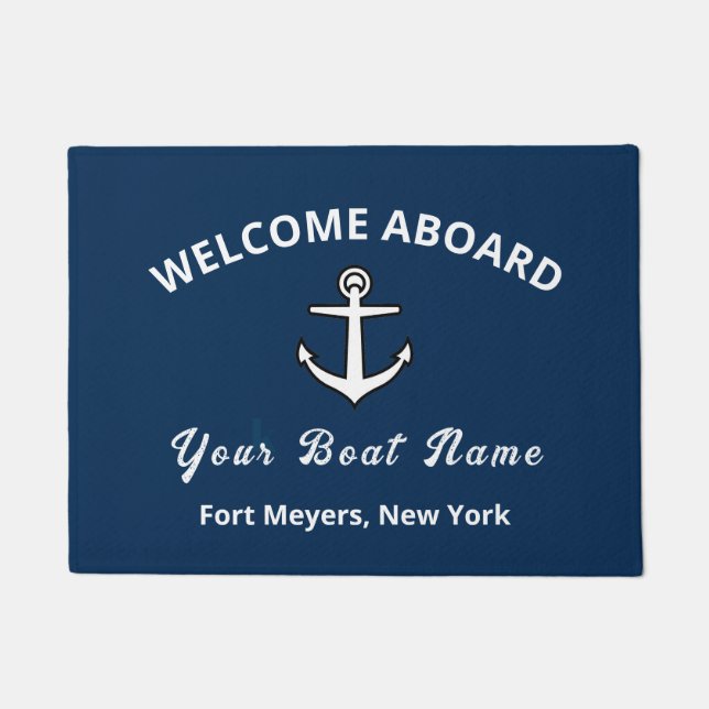 Paillasson Votre nom de bateau Ancre Blue Welcome Aboard Port (Devant)