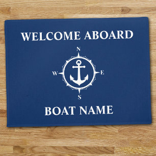 Paillasson Votre nom de bateau Compass Ancre Accueil bleu à