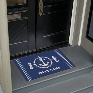 Paillasson Votre nom de bateau Seahorse Ancre Blue Entryway