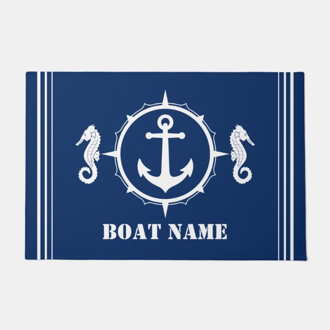 Paillasson Votre nom de bateau Seahorse Ancre Blue Entryway (Devant)