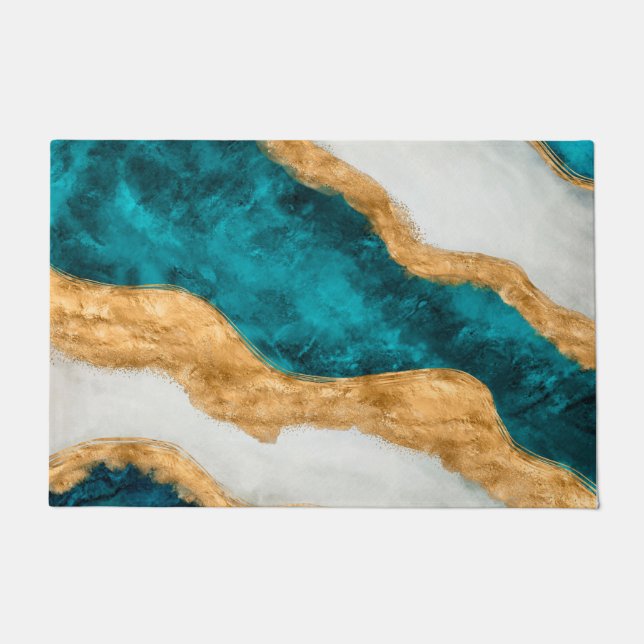 Paillasson Watercolor and gold Turquoise Wave Abstract (Devant)