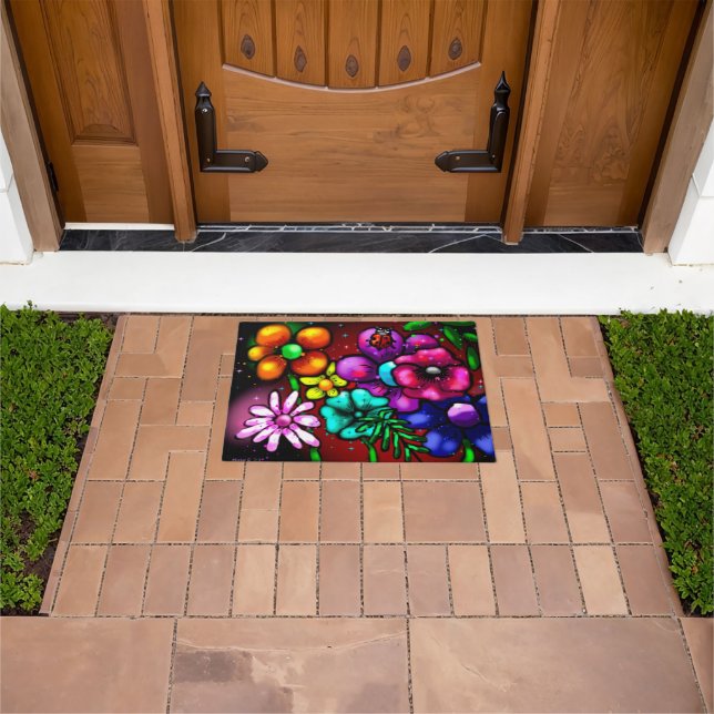 Paillasson Whimsical Graffiti-Style Floral Flowers Ladybug (De plein air)