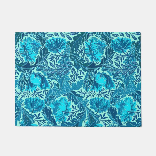 Paillasson William Morris floral, bleu d'indigo et turquoise (Devant)