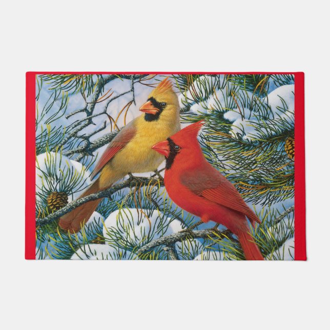 Paillasson Winter Wonderland Red Cardinal Birds Noël (Devant)