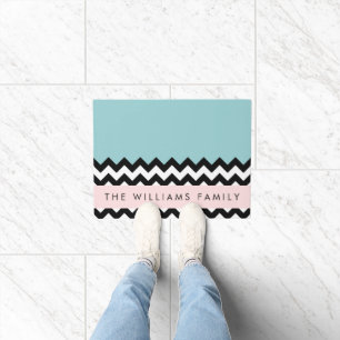 Paillasson Zigzag noir et blanc, Chevron, Bleu, Votre nom