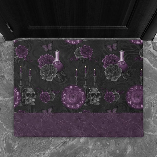 Paillasson Zodiac Magie | Plum violet foncé Roses de crâne go (Créateur téléchargé)