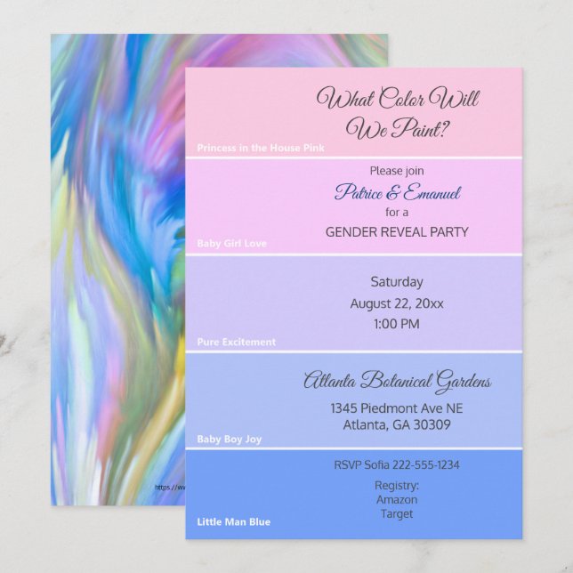 Paint Chip Geschlecht offenbaren rosa blaue Einlad Einladung (Vorne/Hinten)