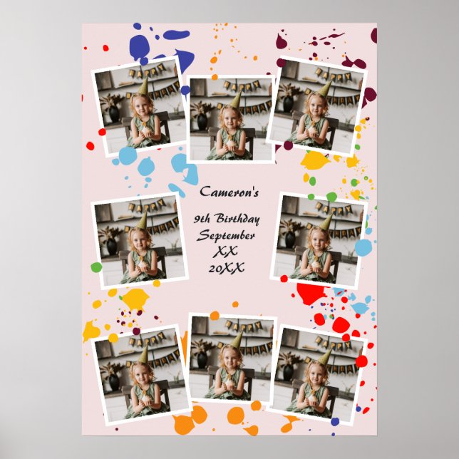 Paint Drops 9th Birthday Party Foto Collage Poster (Vorne)