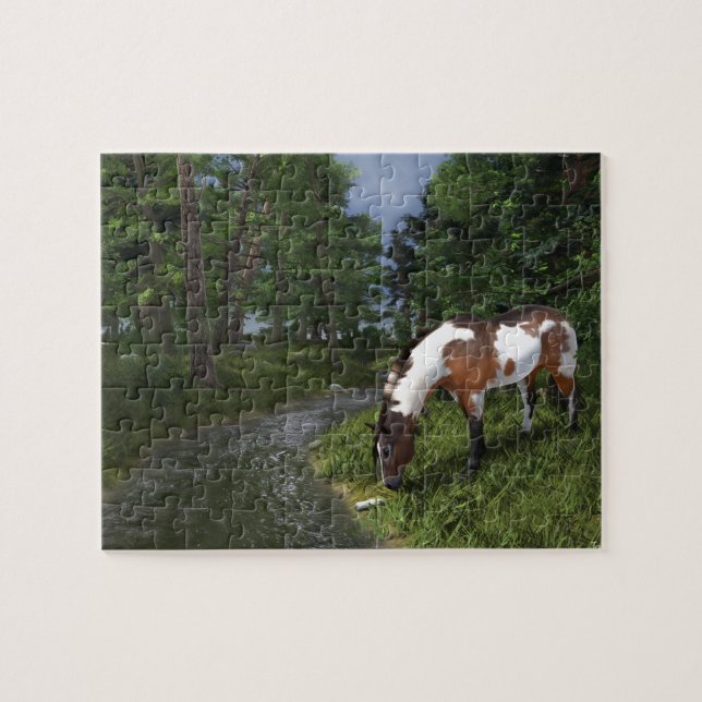 Paint Horse by Forest Stream (Horizontal)
