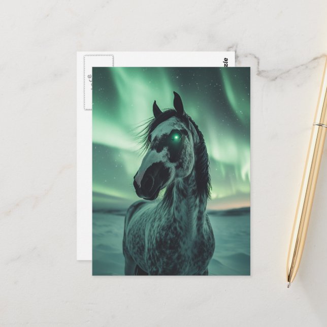 Paint Horse glühende Augen Nordlichter Postkarte (Vorderseite/Rückseite Beispiel)