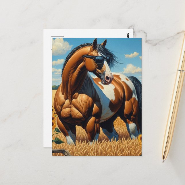 Paint Horse mit Sonnenbrille Postkarte (Vorderseite/Rückseite Beispiel)