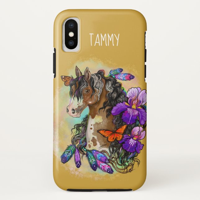 Paint Horse Mustang mit Iris und Schmetterlingen Case-Mate iPhone Hülle (Rückseite)