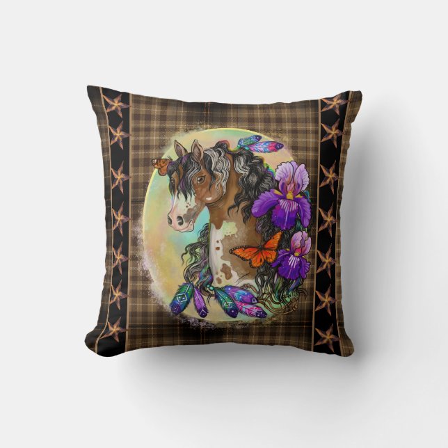 Paint Horse Mustang mit Iris und Schmetterlingen Kissen (Vorderseite)