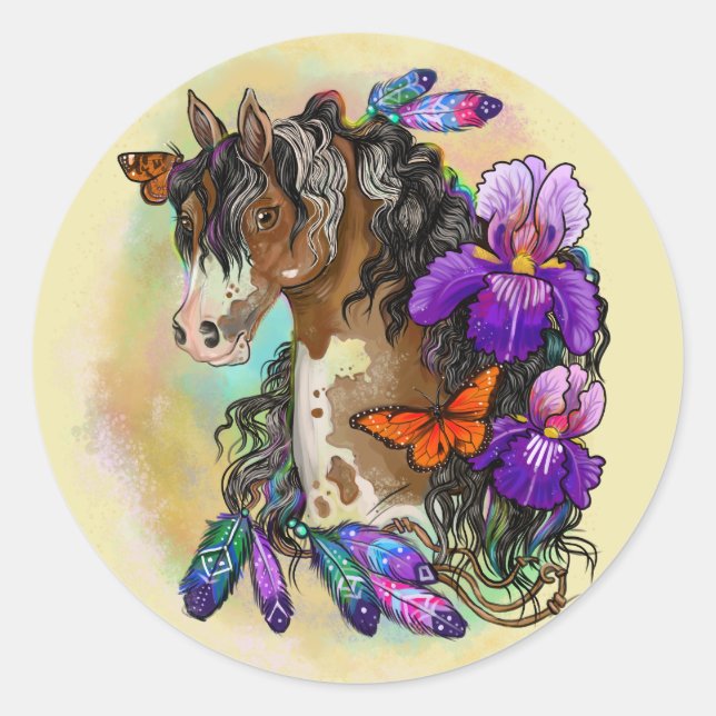 Paint Horse Mustang mit Iris und Schmetterlingen Runder Aufkleber (Vorderseite)
