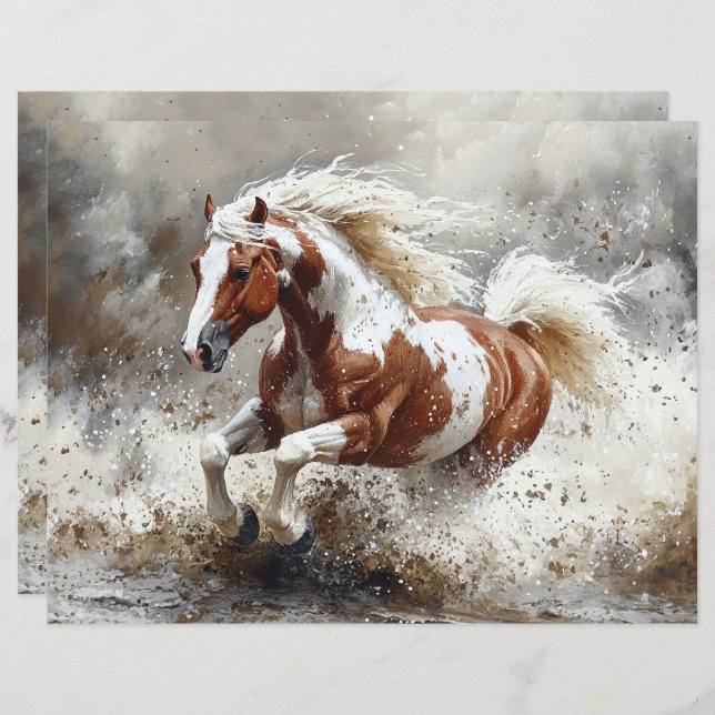 Paint Horse Running Through Water Scrapbook Paper (Vorne/Hinten)