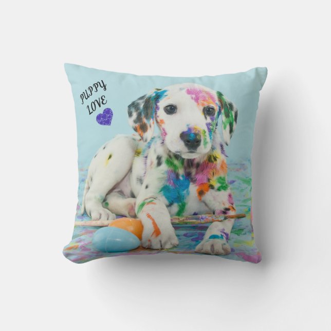 PAINT SPLATTERED PUPPY THROW PILLOW. Dekokissen (Vorderseite)