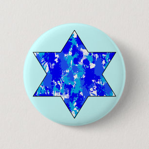 Paint Spritzer Blue Jewish Star Button