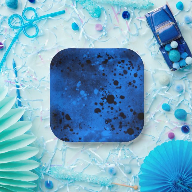 Paint Spritzer Effect Blue & Black Pappteller (Party)