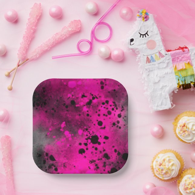 Paint Spritzer Effect Pink & Black Pappteller (Party)