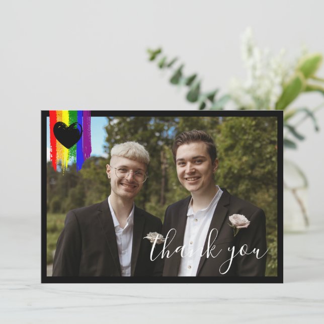 Paint Strokes Pride Flag Black Heart Foto Wedding Dankeskarte (Stehend Vorderseite)