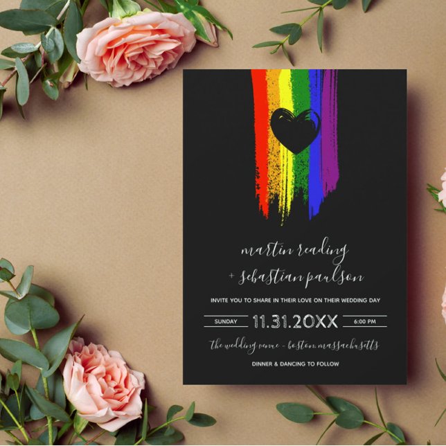 Paint Strokes Pride Flag & Black Heart Wedding Einladung (Von Creator hochgeladen)