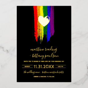 Paint Strokes Pride Flag & Gold Heart Wedding Folieneinladung