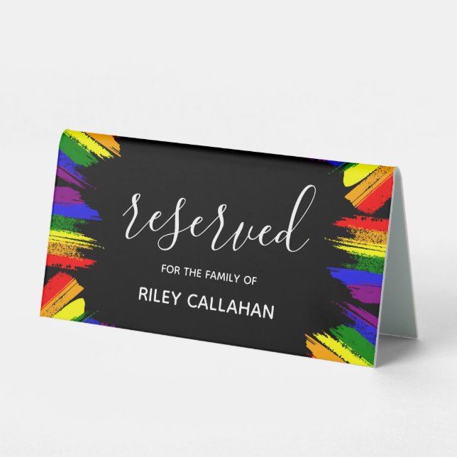 Paint Strokes Pride Flag LGBT vorbehalten Hochzeit Tischaufsteller (Vorderseite)