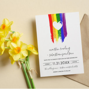 Paint Strokes Pride Flag & White Heart Wedding Einladung