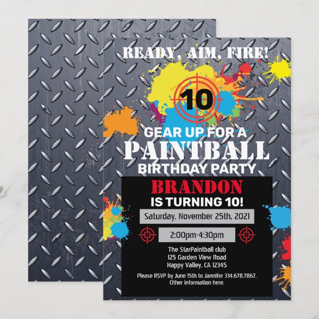 Paintball Anniversaire Fête Invitation Enfant Ado  (Devant / Derrière)