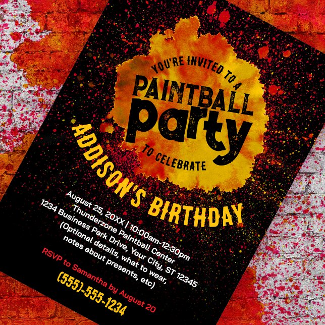 Paintball Anniversaire fête Invitation personnalis (orange paint splatter customizable birthday invite against a paint splattered brick background. )