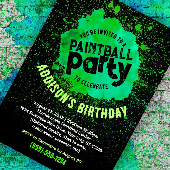 Paintball Anniversaire fête Invitation personnalis (green paint splatter customizable birthday invite against a paint splattered brick background)