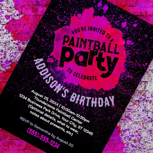 Paintball Anniversaire fête Invitation personnalis (pink paint splatter customizable birthday invite against a paint splattered brick background)