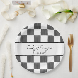 Painted Black Checkerboard Pattern Wedding Pappteller