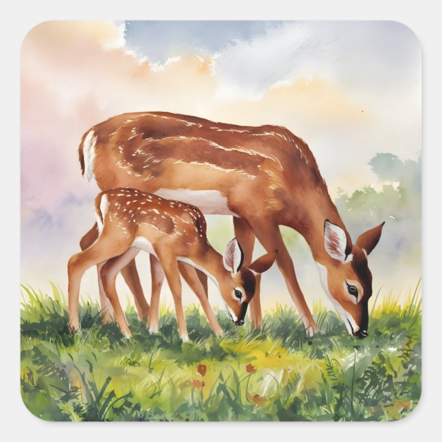 Painted Deer Mom and Baby Quadratischer Aufkleber (Vorderseite)