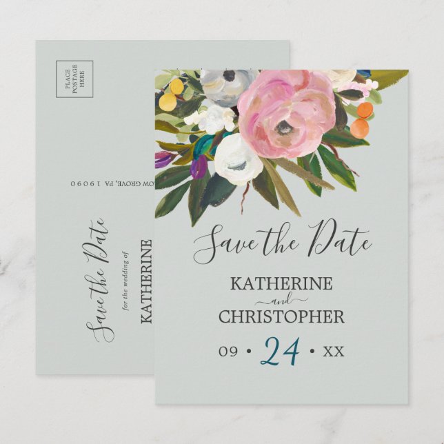Painted Floral Enregistrer la date Annonce Carte p (Devant / Derrière)