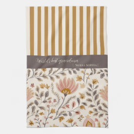 Painted Floral Folk Art and Stripe Geschirrtuch