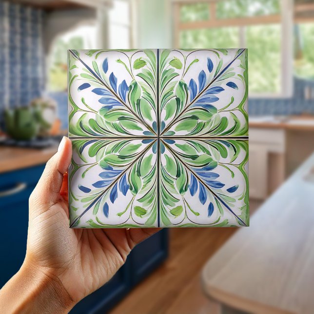 Painted Floral Tile Pat#14 Blue Green ID1078 Fliese (Von Creator hochgeladen)
