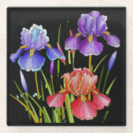 Painted flowers, colorful iris on black glasuntersetzer