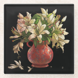 Painted flowers, vase of blooms on black glasuntersetzer